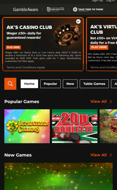AK Bets casino home on mobile with the Casino Club and Virtuals Club banners